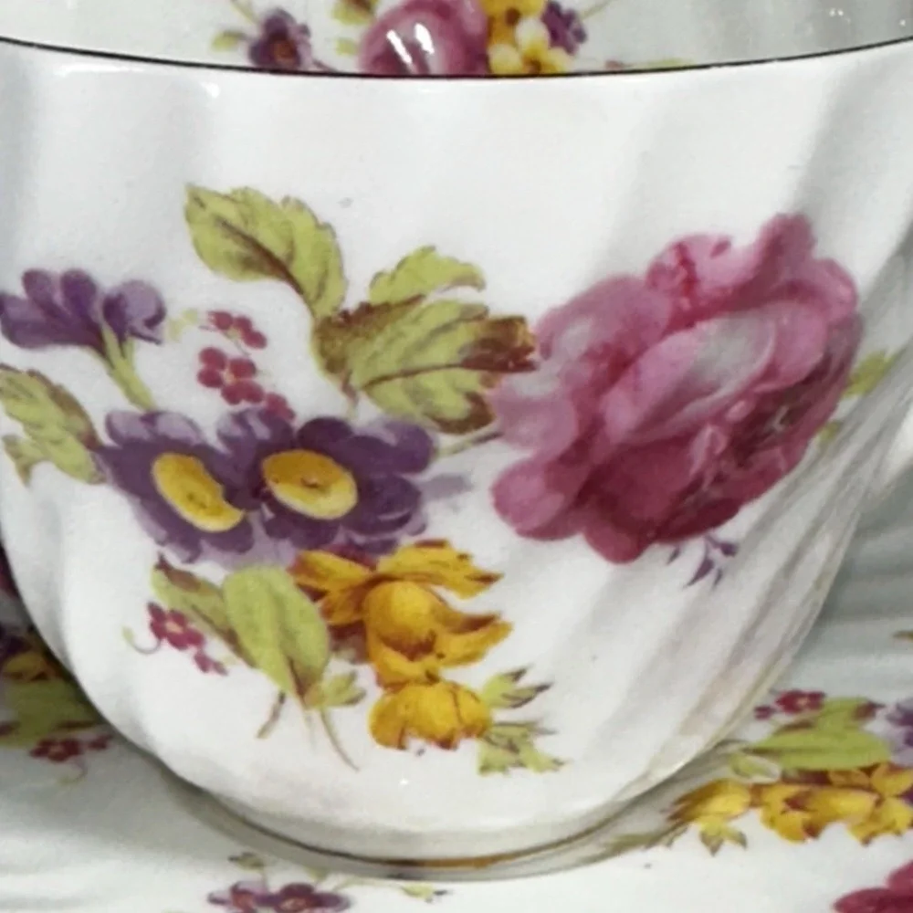 Vintage English Bone China Tea Cup Saucer Pink Rose Fluted‎ Cottagecore Teacup